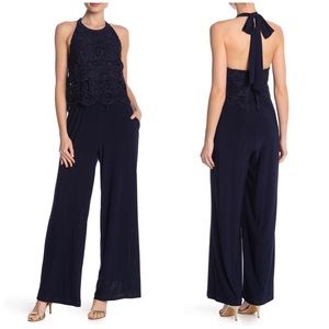 Marina Navy-Blue Lace Halter Wide Leg Jumpsuit